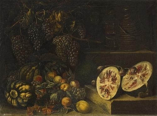 "Scuola toscana, secolo XVII" "Uve, pesche, zucche: "Scuola toscana, secolo XVII" "Uve, pesche, zucche, angurie ed altri frutti su un piano di pietra""olio su tela cm 91,5 x 123"