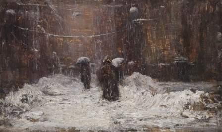 Scuola italiana seconda metà del XIX secolo In str: Scuola italiana seconda metà del XIX secolo In strada sotto la nevesiglato 'MS(?)' (in basso a destra) olio su legno cm 18,8 x 31,4