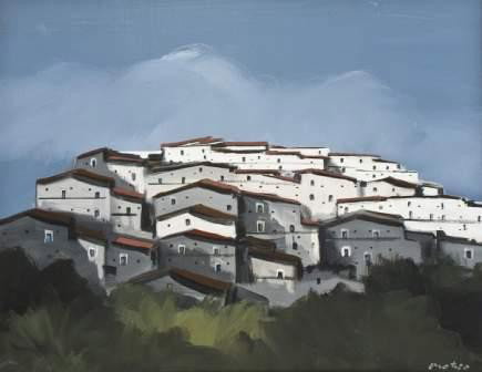 Enotrio Pugliese (1920-1988) "Paesaggio calabrese": Enotrio Pugliese (1920-1988) "Paesaggio calabrese", 1970firmato 'Enotrio' (in basso a destra) olio su legno cm 39 x 50 Sul retro: titolo, firma e numeri di riferimento di mano dell'artista; ca