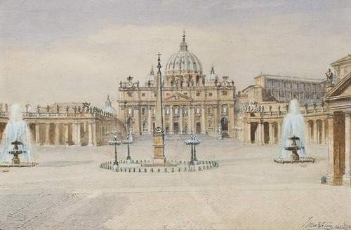 F. Martin (Scuola europea del XIX secolo) Roma, ve: F. Martin (Scuola europea del XIX secolo) Roma, veduta di piazza San Pietrofirmata 'F. Martino...' (in basso a destra) acquerello su cartoncino mm 225 x 340