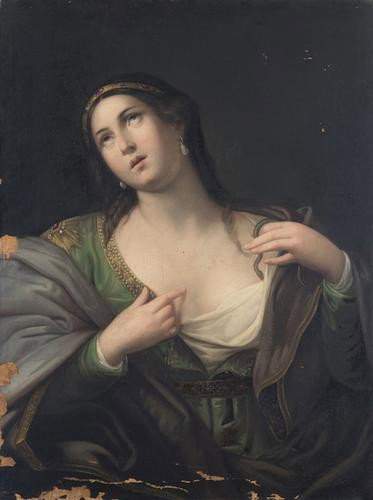 Scuola italiana, fine secolo XVIII - inizi secolo: Scuola italiana, fine secolo XVIII - inizi secolo XIX Cleopatraolio su tela, senza cornice cm 98 x 74,5 ITALIAN SCHOOL, LATE 18TH - EARLY 19TH CENTURY, CLEOPATRA, OIL ON CANVAS, WITHOUT FRAME