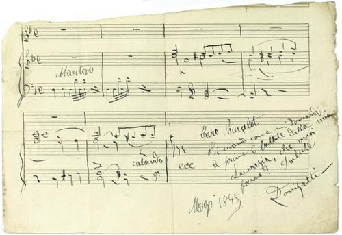 Donizetti, Gaetano. Foglio di spartito con dedica.: Donizetti, Gaetano. Foglio di spartito con dedica. Foglio di spartito con dedica, 6 righi musicali, datato marzo 1845 e indirizzato ad Antoine Pourcelot. ***"Caro Pourcelot, ti mando com
