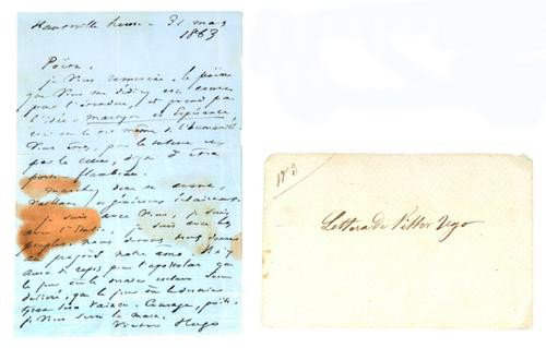 Hugo, Victor. Lettera autografa firmata.: Hugo, Victor. Lettera autografa firmata.Lettera autografa firmata in 8° su carta azzurra, indirizzata a Giuseppe Gojorani, da Hauteville 21 marzo 1863, vistosa macchia sul lato sinistro.<
