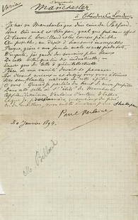 Verlaine, Paul. Poesia autografa con firma.: Verlaine, Paul. Poesia autografa con firma.Poesia a.f. di 16 righe su carta quadrettata di 135 x 210 mm., lievi marginali strappi, firma in calce e data 30 Janvier 1894.***Si tratta del componimento