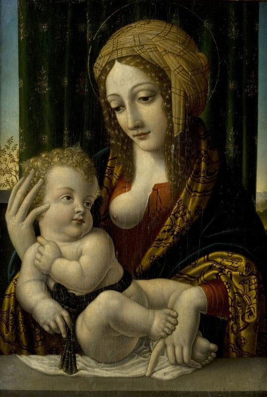 Scuola italiana, nei modi di Giovanni Antonio Bolt: Scuola italiana, nei modi di Giovanni Antonio Boltraffio Madonna con Bambinoolio su tavola cm 42,5 x 29,5 Provenienza: Christie's Roma, 3 giugno 1997, lotto 404, venduto per Lire 9.775.000 I