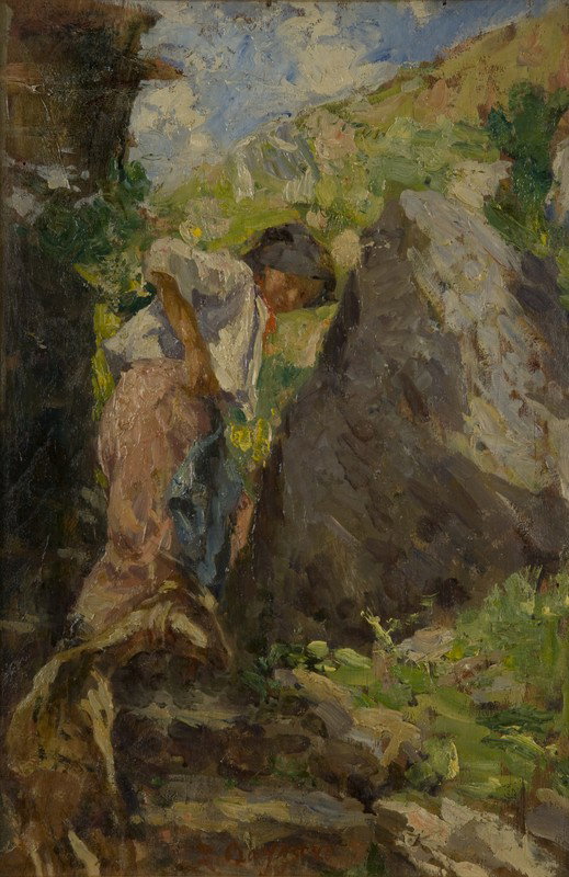 Leonardo Bazzaro (1853-1937) Giovane contadina co: Leonardo Bazzaro (1853-1937) Giovane contadina con capretta in montagnaolio su legno, cm 50 x 34,5 Firmato in basso al centro: L. Bazzaro YOUNG PEASANT WITH SHEEP IN THE MOUNTAINS, OIL ON PLY