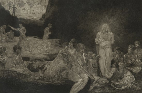 Max Klinger (Lipsia 1857 - Grossjena 1920) Christu: Max Klinger (Lipsia 1857 - Grossjena 1920) Christus und die Sunderinnen, 1883dalla serie Ein Leben-Opus VIII acquaforte acquatinta, es. non numerato (tiratura limitata e non numerata), cm 25 x