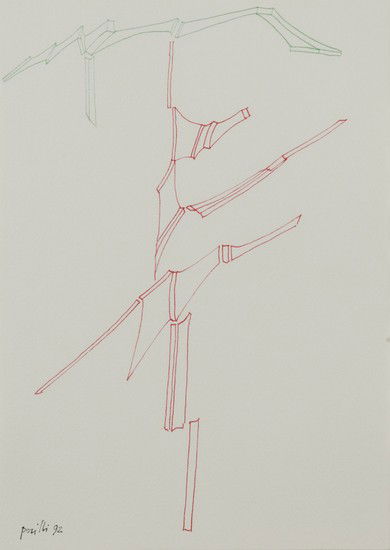 Achille Perilli (Roma, 1927) Senza titolo, 1992: Achille Perilli (Roma, 1927) Senza titolo, 1992inchiostro rosso e verde su cartoncino, cm 29 x 21 Firmato in basso a sinistra: Perilli 92 UNTITLED, 1992; RED AND GREEN INK ON CARD, CM 29 X 21<