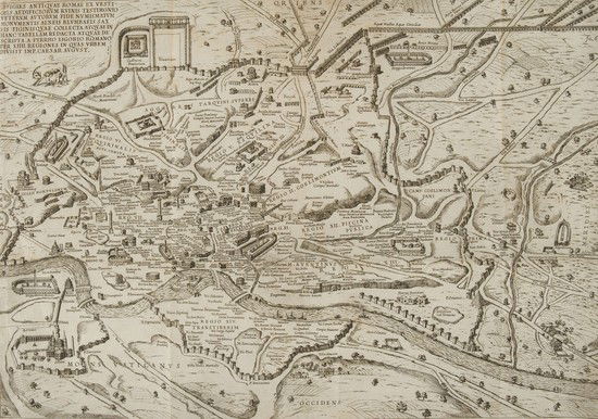 Roma - Bosio, Antonio. Roma sotterranea.: Roma - Bosio, Antonio. Roma sotterranea.Roma, Ludovico Grignani, 1650. In 4. Pianta della citta di Pirro Ligorio ripiegata, numerose vignette xilografiche nel testo e 21 tavole ripiegate fuori