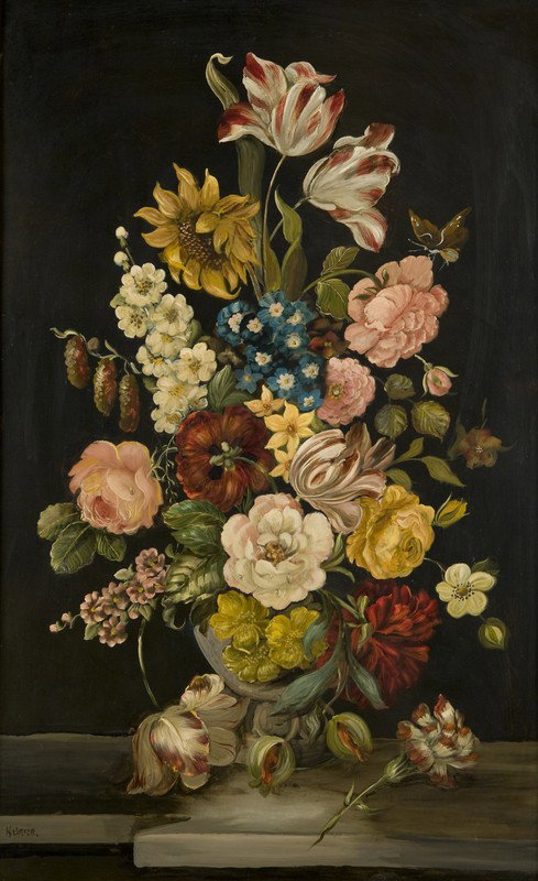 K. Barr, secolo XX Fiori in un vaso: K. Barr, secolo XX Fiori in un vasoolio su metallo, applicato su masonite cm 86,5 x 54,5 Firmato: 'K.BARR' (in basso a sinistra) K. BARR, 20TH CENTURY, FLOWERS IN A VASE, OIL ON METAL, LAIED O