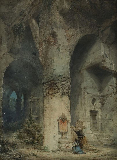 Scuola italiana del XIX secolo In preghiera nella: Scuola italiana del XIX secolo In preghiera nella chiesa diroccataacquerello su cartoncino, cm 53 x 41,8 Firmato e datato in basso a destra: ... 63 PRAYING IN THE CRUMBLING CHURCH, WATERCOLOUR