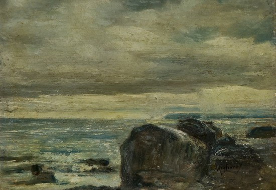 Vincenzo Migliaro (Napoli 1858 - 1938) Scogli sul: Vincenzo Migliaro (Napoli 1858 - 1938) Scogli sul mareolio su tavola, cm 16 x 22,5 Firmato in basso a destra: Migliaro ROCKS IN THE SEA, OIL ON WOOD, CM 16 X 22,5, SIGNED BOTTOM RIGHT