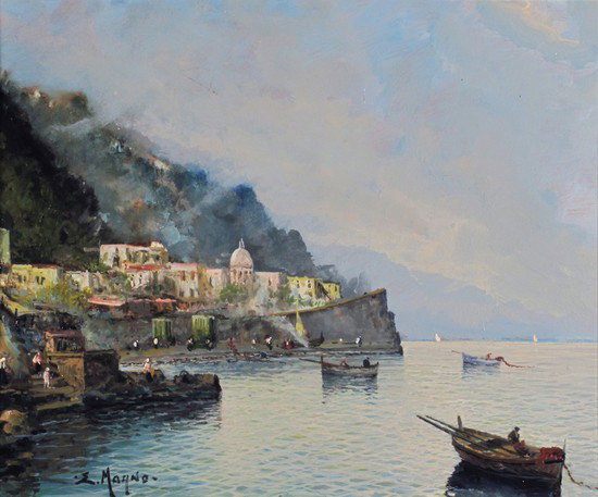 Eugenio Magno (Napoli 1944) 'Colori della costiera: Eugenio Magno (Napoli 1944) 'Colori della costiera'Firmato in basso a sinistra: E Magno olio su cartone, cm 50 x 40 'COLORI NELLA COSTIERA', OIL ON CARDBOARD, CM 50 X 40, SIGNED BOTTOM LEFT