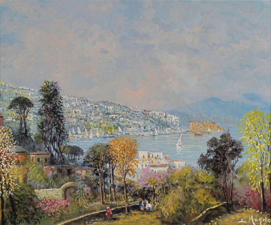 Eugenio Magno (Napoli 1944) 'Primavera a Napoli': Eugenio Magno (Napoli 1944) 'Primavera a Napoli' Firmato in basso a destra: E Magno olio su cartone, cm 50 x 40 'PRIMAVERA A NAPOLI,' OIL ON CARDBOARD, CM 50 X 40, SIGNED BOTTOM RIGHT