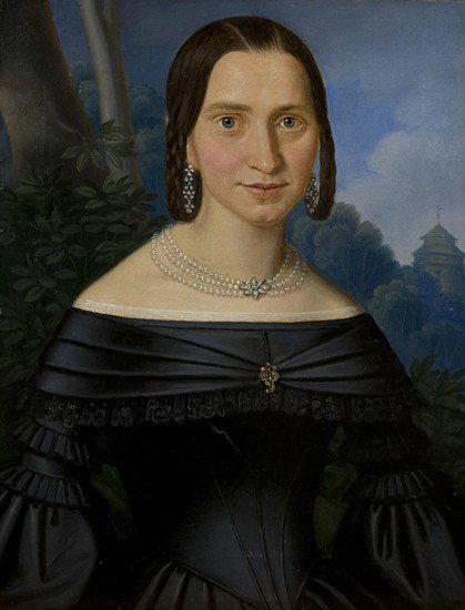 J. Eggart (Scuola europea del XIX secolo) Ritratto: J. Eggart (Scuola europea del XIX secolo) Ritratto di nobildonna con collana di perleolio su tela , senza cornice, cm 42 x 33,5 Firmato in alto verso sinistra: J Eggart PORTRAIT OF A LADY WITH