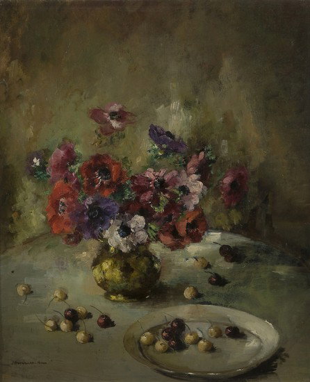 Scuola europea, prima metà del XX secolo Natura mo: Scuola europea, prima metà del XX secolo Natura morta con fiori di campo in un vaso e ciliegieolio su tela, cm 60 x 50,5 Firmato in basso a sinistra STILL LIFE WITH FLOWERS IN A VASE WITH CERR