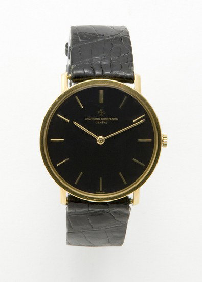 Orologio Vacheron Constantin: Orologio Vacheron Constantin cassa in oro giallo 18 kt, quadrante nero, indici in oro applicati, ref. 34014. Movimento a carica manuale, bracciale e fibbia originali. Con astuccio e garanzia A