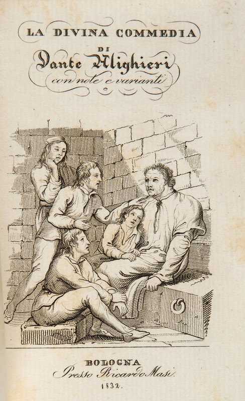 Alighieri, Dante. La divina commedia.: Alighieri, Dante. La divina commedia.Bologna, nella Stamperia S.Tommaso d'Aquino, 1832.In 16°. 3 voll. Ritratto di Dante all'antiporta del vol.I, doppio frontespizio di cui uno illustrato