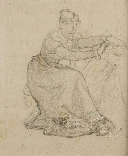 Angelo Morbelli (Alessandria 1853 - Milano 1919): Angelo Morbelli (Alessandria 1853 - Milano 1919) Studio per il dipinto 'la morte di Goethe'matita e biacca su cartoncino riportato su cartone, cm 29,8 x 24,6 Firmato in basso a destra: Morbe