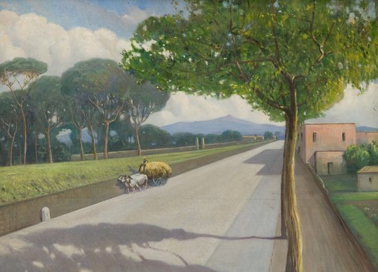 Raniero Aureli (Roma 1885 - 1975) Carro di fieno s: Raniero Aureli (Roma 1885 - 1975) Carro di fieno sulla via Appiaolio su legno, cm 45 x 59,8 Firmato in basso a sinistra: R.AURELI HAY WAGON ON THE VIA APPIA, OIL ON PLYWOOD, CM 45 x 59,8 SIGNE