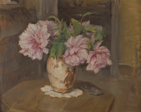 Angelo Rossi (Roma 1881 - 1967) Vaso con peonie so: Angelo Rossi (Roma 1881 - 1967) Vaso con peonie sopra un tavolo in internoolio su legno, cm 40 x 50,5 PEONIES IN A VASE ON A TABLE IN INTERNAL, OIL ON PLYWOOD, CM 40 x 50,5