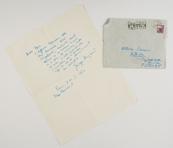 Ungaretti, Giuseppe. Lettera autografa firmata.: Ungaretti, Giuseppe. Lettera autografa firmata.Lettera autografa e firmata datata 30.7.1950 e indirizzata ad Alberto Zucconi, presso le "Giubbe Rosse" di Firenze. ***Interessante rifless