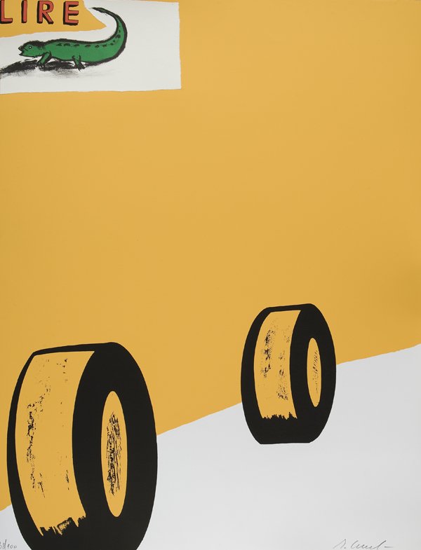 Enzo Cucchi (Morro d’Alba, 1949): a) Lire, 2001litografia a colori, es. 38/100, cm 80 x 62 (sc)Firma a matita in basso a destrab) Viene, 2001litografia a colori, es.32/99, cm 30 x 30 (sc)Firma a matita in basso a destraA) LIRE, 2001,