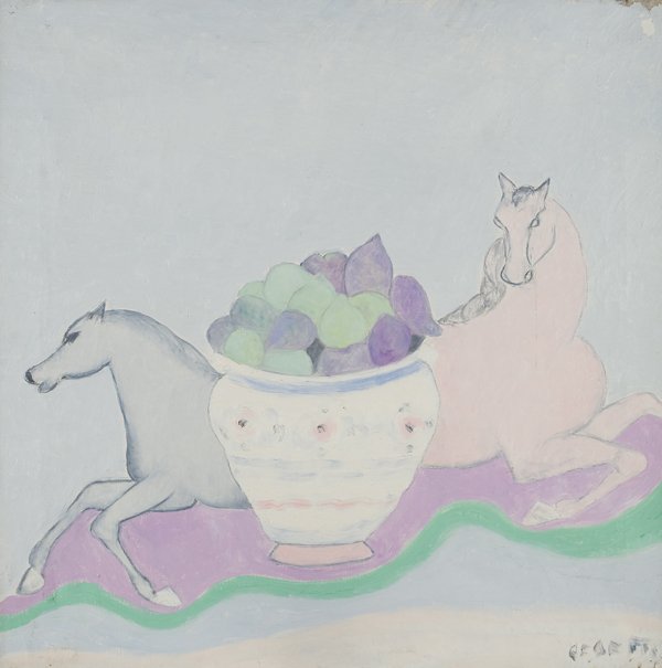 Giuseppe Cesetti (Tuscania 1902 - 1990): Cavalli e frutta nel vaso di porcellana olio su tela, cm 60 x 60Al verso etichetta della galleria L’Approdo, Bari e timbri della galleria La Gradiva, Roma; galleria La Barcaccia, RomaHORSES AND FRUI
