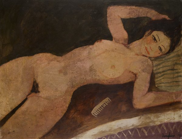 Franz Borghese (Roma 1941 - 2005): Nudo femminile sdraiato, 1969 olio su tela, cm 70 x 90Firmato in basso a destra: Borghese 1969Iscritto al verso, sul telaio: SanguigniLYING FEMALE NUDE, 1969, OIL ON CANVAS, SIGNED LOWER RIGHT