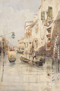 Egisto Massoni (Pisa 1854 - Venezia 1929) Venezia: acquerello su cartoncino, cm 53 x 36 Firmato in basso a sinistra: E Massoni - Venezia VENICE, FISHING ALONG THE CANAL, WATERCOLOUR ON CARD, SIGNED BOTTOM LEFT