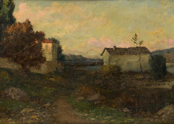 Dante Comelli (Bologna, 1880-1958) Campagna con ca: Olio su legno, cm 33 x 46 Sul retro scritta e cartellino con riferimenti al pittore COUNTRYSIDE WITH HOUSES AND LITTLE RIVER, OIL ON WOOD