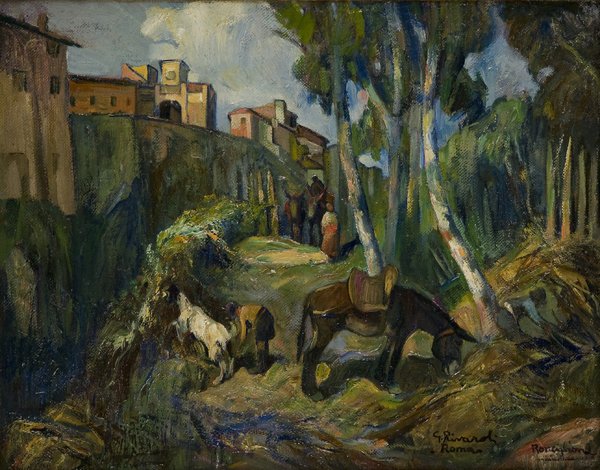 Giuseppe Rivaroli (Cremona 1885 -1943) ‘Ronciglio: Olio su tela, cm 35 x 44 Firmato in basso verso destra: G. Rivaroli/Roma e intitolato Ronciglione. ‘RONCIGLIONE’, OIL ON CANVAS, SIGNED AND TITLED BOTTOM RIGHT