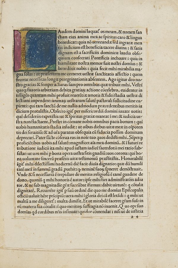 Leo I, Pont. Max Sermones: Venezia, Lucas Dominici, 1482. In 2°. Grande capitale miniata a c.a4r in rosso, blu, verde e oro, segni di paragrafatura in rosso e blu, alcuni fori di tarlo alla carta iniziale, mancano le cc.o2-7 e