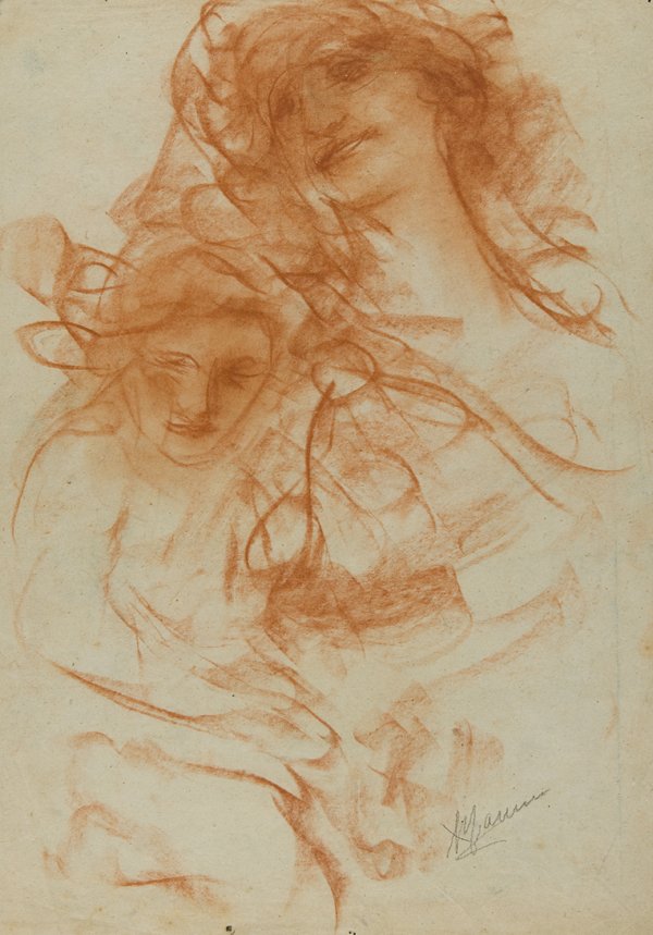 Antonio Mancini (Roma 1852 – 1930): Due donne sanguigna su carta, cm 37,6 x 26,7Sul verso, di mano dell’artista, altro “Ritratto di donna”.
