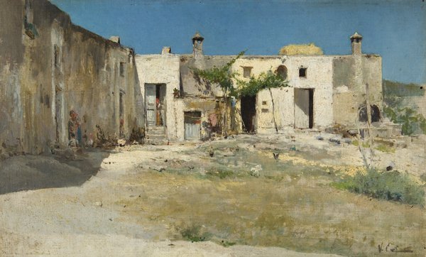Vincenzo Caprile (Napoli 1856 - 1936): Scena di vita nel casale assolato olio su tela, cm 23 x 38Firmato in basso a destra: V Caprile