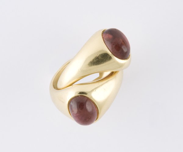 Doppio anello firmato Pomellato: in oro giallo 18 kt con tormaline. Gr. 20,00. Misura 16