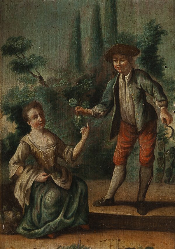 Scuola francese, secolo XIX Scena galante en plein air: olio su tavola, cm 25 x 18,5FRENCH SCHOOL, 19TH CENTURY, ROMANTIC SCENE, OIL ON BOARD, 25 X 18,5 CM