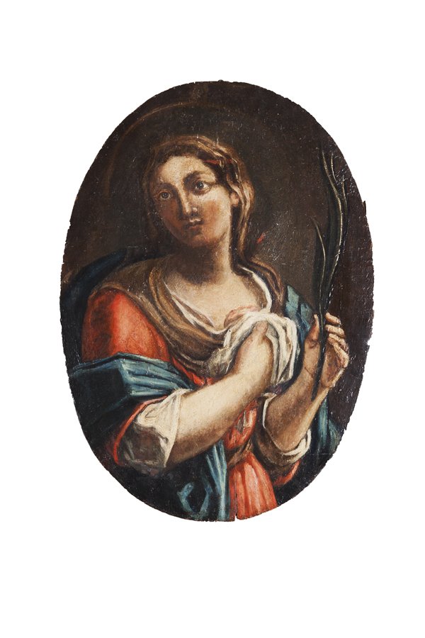 Pittore popolare, secolo XIX Due Sante: olio su tavola, in ovale, senza cornice, cm 64 x 45 ciascunoITALIAN SCHOOL, 19TH CENTURY, TWO SAINTS, OIL ON BOARD, OVAL SHAPED, WITHOUT FRAME, 64 X 45 CM EACH