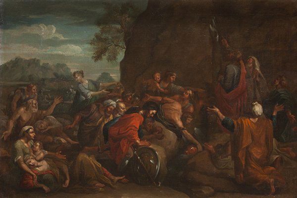 Attribuito a Lucio Massari (Bologna 1568 - 1633) Mosè f: olio su tela, cm 64,5 x 94,5ATTRIBUTED TO LUCIO MASSARI (BOLOGNA 1568 - 1633), MOSES STRIKING THE ROCK, OIL ON CANVAS, 64.5 X 94.5 CM
