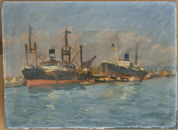 Emma Ciardi (Venezia 1879 - 1933) Barche in porto: olio su legno, cm 41 x 56Firmato in basso a destrasul retro timbro della ‘Galleria d’Arte Antica a Moderna \ Casa di Vendite all’asta R. Mazzoni, La Spezia’EMMA CIARDI (VENICE 1879 - 1933), SH
