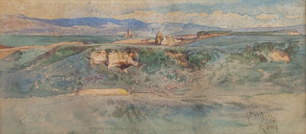 Onorato Carlandi (Roma 1848 – 1939) Veduta della Campa: acquerello su cartoncino, cm 51 x 22Firmato in basso a destra: O. Carlandi / ROMAONORATO CARLANDI (ROME 1848 – 1939), VIEW OF THE ROMAN CAMPAGNA, WATERCOLOUR ON LIGHT CARDBOARD 22 x 51 CM, SIGNED LO