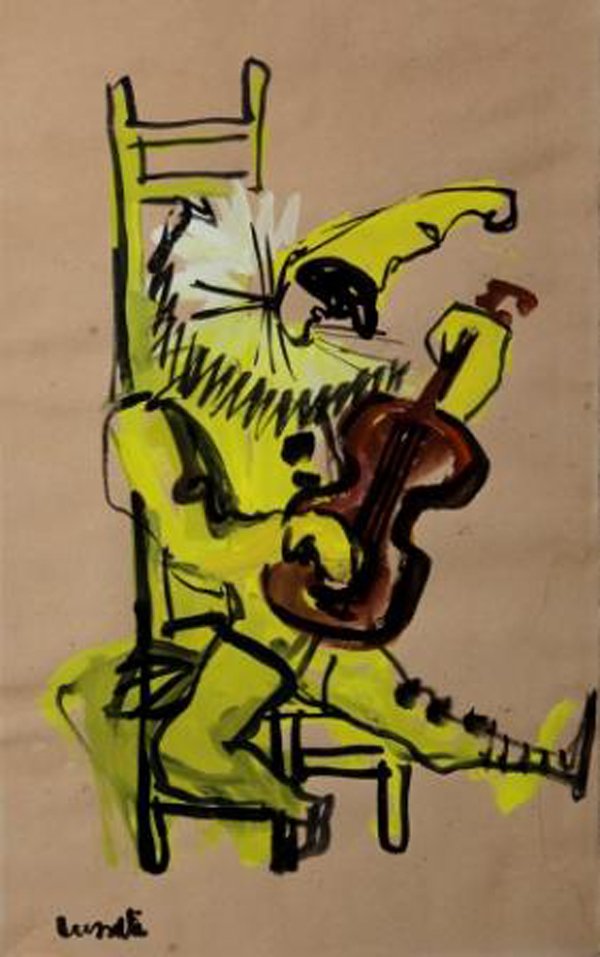 Emanuele Luzzati (Genova 1921 – 2007) Pulcinella: tempera su cartoncino, cm 49,8 x 30,5 (sc)Firmato in basso a sinistra: LuzzatiEMANUELE LUZZATI, PULCINELLA, GOUACHE ON CARDBOARD, SIGNED