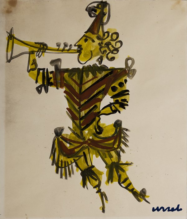 Emanuele Luzzati (Genova 1921 – 2007) Trombettiere: tempera su cartoncino, cm 35 x 50 (sc)Firmato in basso a sinistra: LuzzatiEMANUELE LUZZATI, TRUMPET PLAYER, GOUACHE ON CARDBOARD, SIGNED