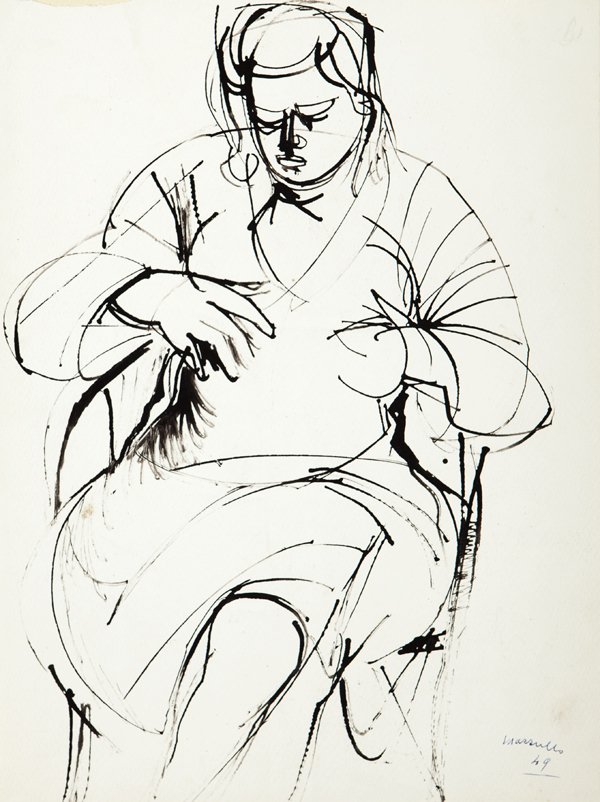 Giuseppe Mazzullo (Graniti 1913 - Taormina 1988) Figura: china su carta, cm 34 x 25,5 (sc)Firmato in basso a destra: Mazzullo 49margini del foglio incollati al passepartoutGIUSEPPE MAZZULLO, SEATED FEMALE NUDE, 1949, INK ON PAPER, SIGNED AND DATED