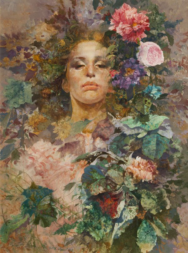 Renzo Vespignani (Roma 1924 – 2001) Ragazza con fiori: olio su carta applicata su tela, cm 81 x 61Firmato in basso a sinistra: Vespignani 1986Autentica dell’Autore al versoRENZO VESPIGNANI, GIRL WITH FLOWERS, 1986, OIL ON PAPER LAID ON CANVAS