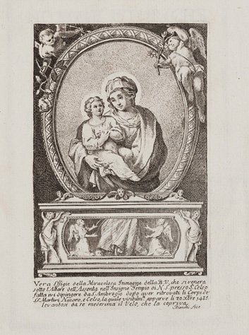 Religiosi - Sassi, Giuseppe Antonio Notizie istoriche i: Milano, per Gio. Battista Bianchi stampatore del suddetto insigne Tempio, 1765. In 4°. Antiporta incisa da Bianchi raffigurante la Vera effige della Miracolosa Immagine della B.V. Maria che si venera