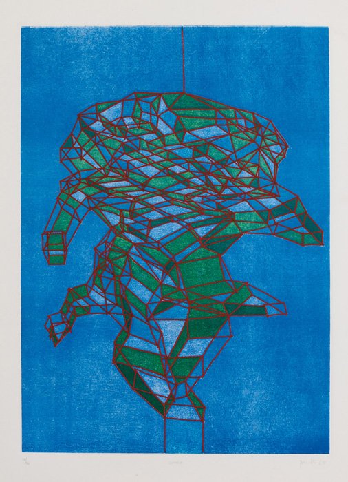 Achille Perilli (Roma, 1927) Rosole, 1969: acquaforte acquatinta, es. 20/95, cm 57 x 40,5Firma e data a matita in basso a destraACHILLE PERILLI, ROSOLE, 1969, COLOURED ETCHING NUMBERED 20/95, CM 57 X 40,5, SIGNED AND DATED IN PENCIL BOTTOM RIG