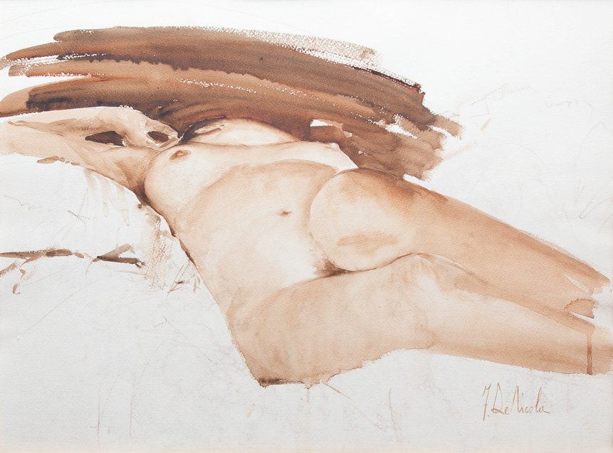 Francesco De Nicola (1883-1958) Nudo disteso: tecnica mista su cartoncino, cm 56 x 75Firmato in basso a destra: F De NicolaFRANCESCO DE NICOLA (1883-1958), LYING NUDE, MIXED MEDIA ON CARD 56 X 75 CM, SIGNED LOWER RIGHT