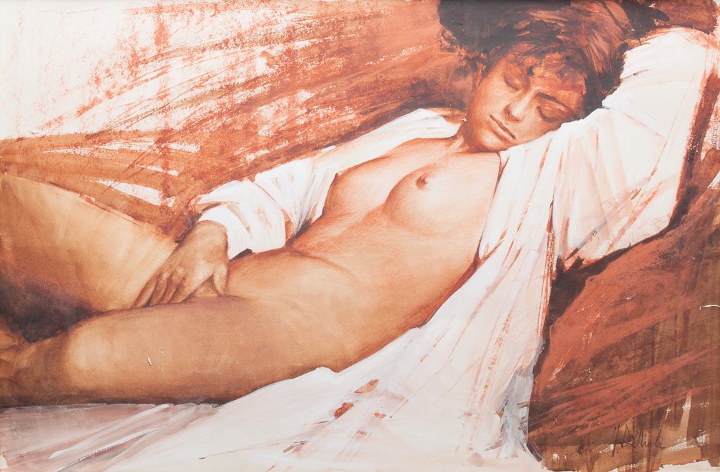 Francesco De Nicola (1883-1958) Dopo il bagno: tecnica mista su cartoncino, cm 56,5 x 85Firmato in basso a destra: F De NicolaFRANCESCO DE NICOLA (1883-1958), AFTER THE BATH, MIXED MEDIA ON CARD 56,5 X 85 CM, SIGNED LOWER RIGHT