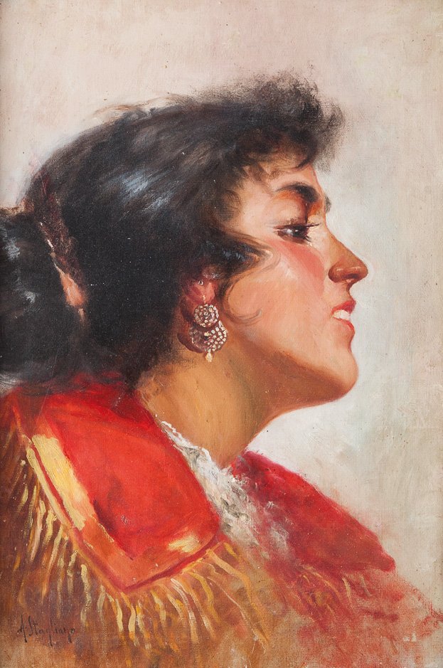 Arturo Stagliano (Guglionesi, 1867 - Torino, 1936) Giov: olio su tela, cm 52 x 34,5Firmato in basso a sinistra: A. StaglianoARTURO STAGLIANO (GUGLIONESI, 1867 - TURIN, 1936), YOUNG WOMAN, OIL ON CANVAS 52 X 34,5 CM, SIGNED LOWER LEFT